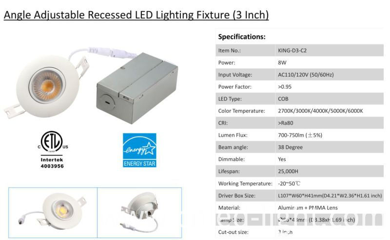 8W 700lm Dimmable 3 Inch Gimbal LED Downlight